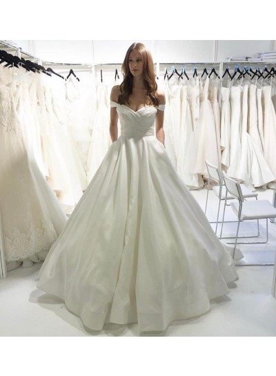 2023 Satin Off Shoulder Sweetheart Pleated Ball Gown Wedding Dresses