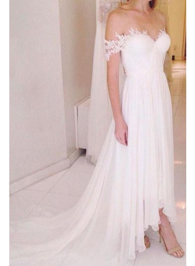 2024 Off Shoulder A Line Chiffon High Low Lace Short Beach Wedding Dresses