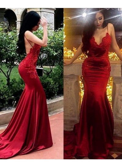 Sexy Burgundy Mermaid Backless V Neck Halter Elastic Satin Lace Prom Dresses 2024