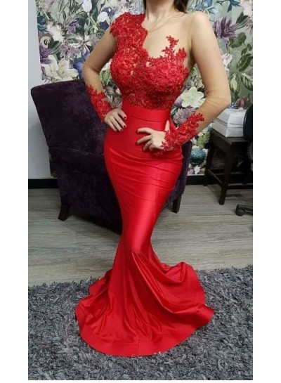 Sexy Mermaid Red Long Sleeves Appliques Satin Prom Dresses 2023