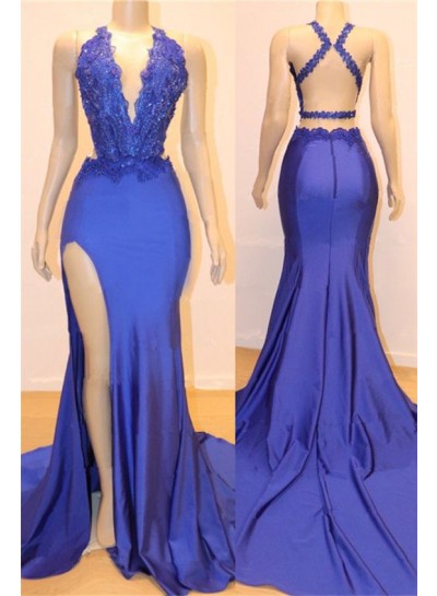 Amazing Sheath Side Slit Royal Blue V Neck Backless Lace Prom Dresses 2023