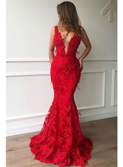 Sexy Red Mermaid V Neck Lace Charming 2023 Prom Dresses