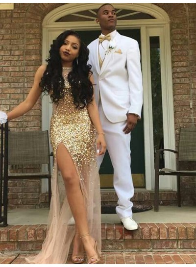 Charming Side Slit Tulle Gold Sequence See Through Sheath Prom Dresses 2024