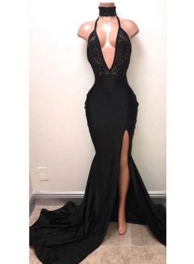 2023 Sexy Mermaid Deep V Neck Side Slit Black Halter Lace Prom Dresses