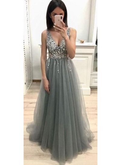 A Line V Neck Tulle Light Slate Gray Beaded Empire Prom Dresses 2024
