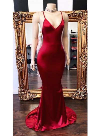 2024 New Arrival Red Mermaid V Neck Backless Elastic Satin Prom Dresses