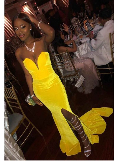 Charming Yellow Sheath Sweetheart Side Slit Prom Dresses 2023