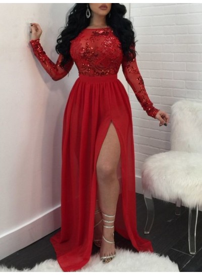 2023 A Line Chiffon Side Slit Red Scoop Long Sleeves Appliques Prom Dresses