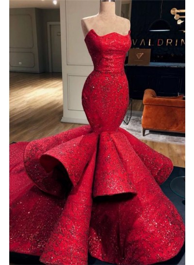 2023 Charming Red Mermaid Strapless Ruch Lace Long Prom Dresses