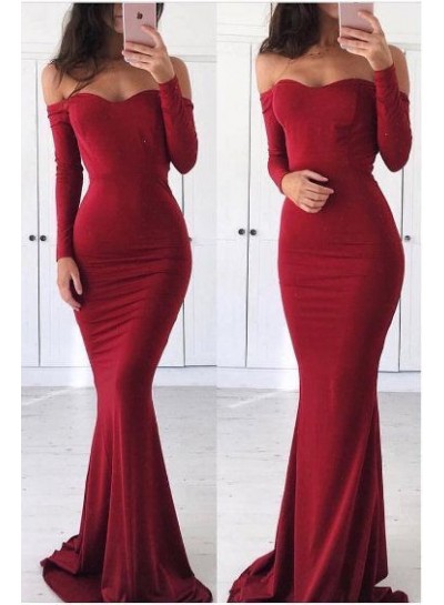 2024 New Arrival Sheath Long Sleeves Off Shoulder Burgundy Prom Dresses