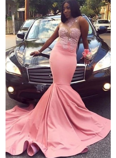 2023 Sexy Pink Satin Mermaid Lace Long Prom Dresses
