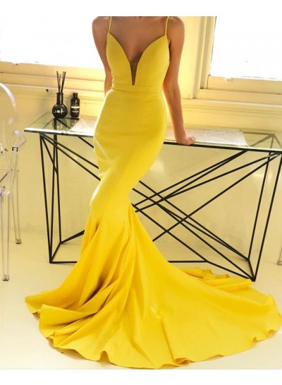 2023 Sexy Mermaid Daffodil Spaghetti Straps Satin Backless Sweetheart Prom Dresses