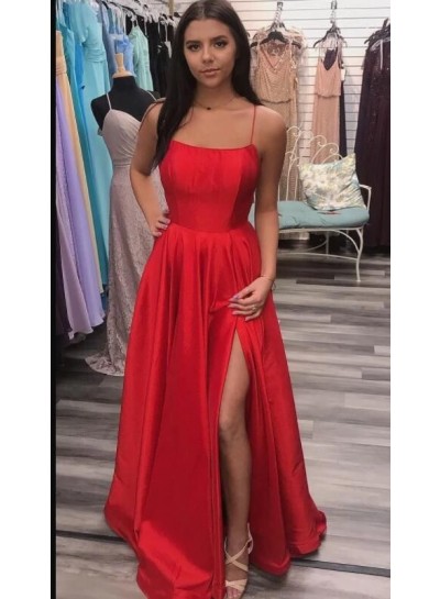 Amazing A Line Red Side Slit Spaghetti Straps 2023 Prom Dresses