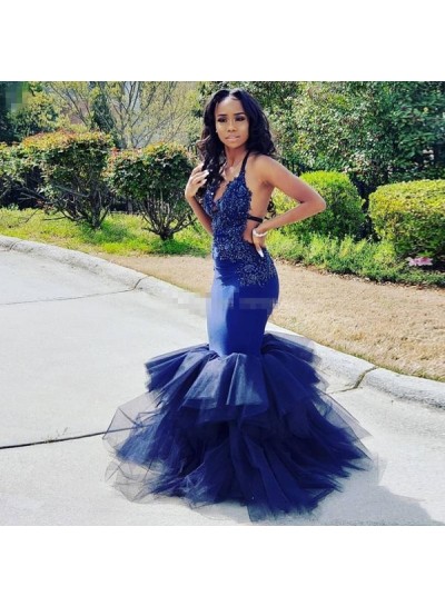 2024 Mermaid Royal Blue Tulle Halter Backless Layered Prom Dresses With Appliques