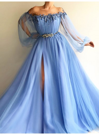 2024 New Arrival A Line Blue Side Slit Tulle Off Shoulder Long Sleeves Prom Dresses