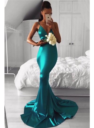 2024 Sexy Jade Mermaid Sweetheart Elastic Satin Backless Long Prom Dresses