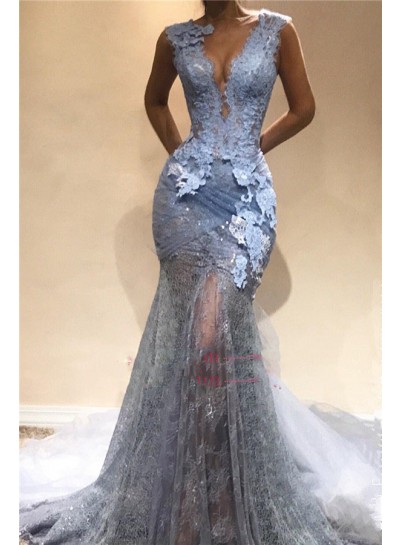 2024 Charming Sheath Light Sky Blue Lace Open Front Prom Dresses