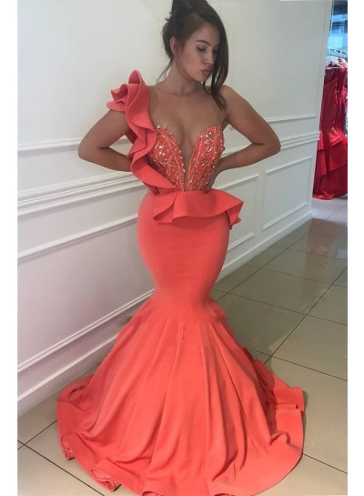 2023 Sexy Mermaid Satin Coral One Shoulder Beaded Sweetheart Ruffles Prom Dresses