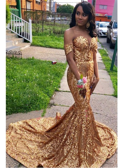 2024 Sexy Gold Mermaid Off Shoulder Sweetheart Sequence Long Prom Dresses