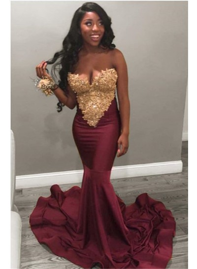 2023 Charming Satin Sweetheart Mermaid Burgundy With Gold Appliques Strapless Prom Dresses