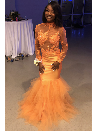 2024 Mermaid Organza Long Sleeves High Neck Tulle See Through Prom Dresses With Appliques
