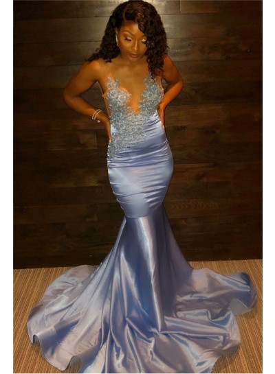 2023 Charming Blue Elastic Satin See Through Appliques Prom Dresses