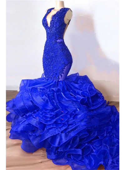 2023 Royal Blue Mermaid V Neck Organza Layered Lace Long Prom Dresses