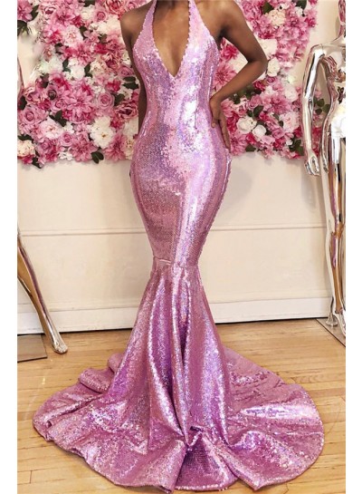 2023 Charming Pink Halter V Neck Sequence Backless Prom Dresses