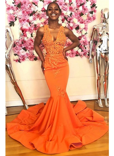2023 Charming Satin V Neck Orange Beaded Halter Long Backless Prom Dresses