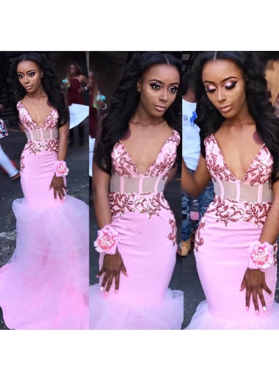 2024 Sexy Pink V Neck Tulle Prom Dresses Lace 