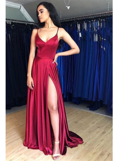 2024 A Line Elastic Satin Side Slit Burgundy Halter Prom Dresses