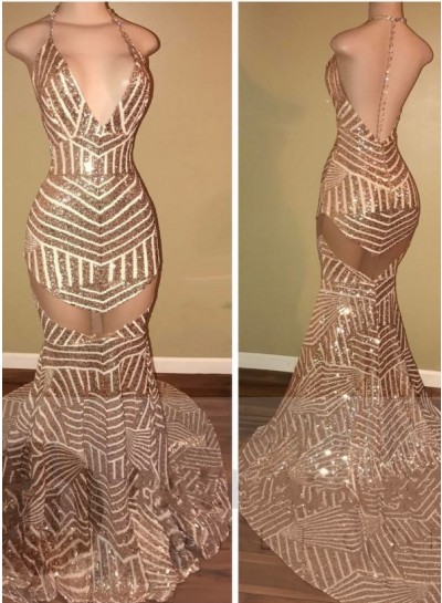2023 New Arrival Mermaid Halter V Neck Sequence Champagne Backless Prom Dresses