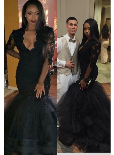 Sexy Black Long Sleeves Mermaid Open Front Tulle Prom Dresses 2023