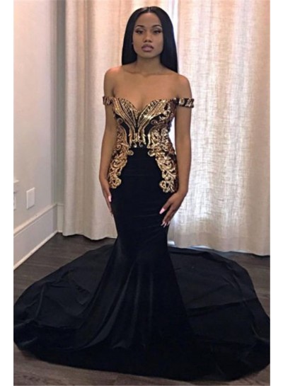2023 Sexy Mermaid Black Off Shoulder Sweetheart Satin Gold Lace Prom Dresses