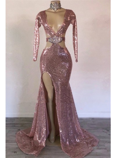 2023 Sheath Dusty Rose Hollow Out Sequence V Neck Long Sleeves Beaded Prom Dresses