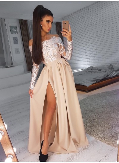 A Line Satin Champagne Off Shoulder Side Slit Long Sleeves Lace Prom Dresses 2024