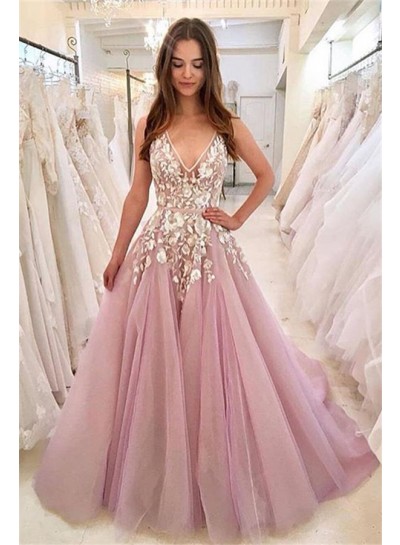 2023 A Line New Arrival V Neck Lace Dusty Rose Tulle Prom Dresses