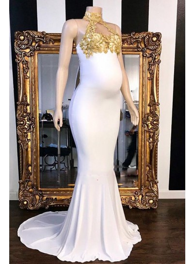 2023 Mermaid White Gold Appliques High Neck Prom Dresses