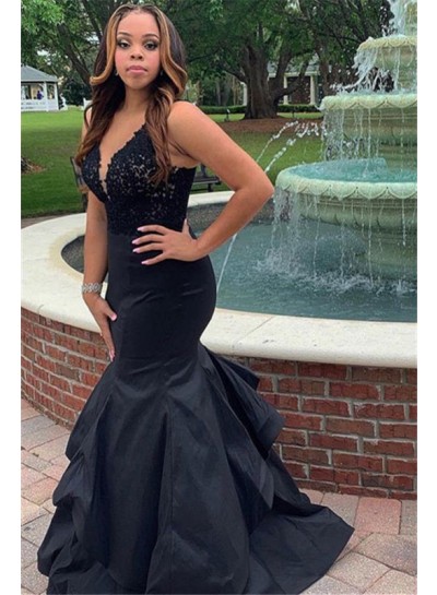 Charming Mermaid Black Satin V Neck Layered Lace Prom Dresses 2024
