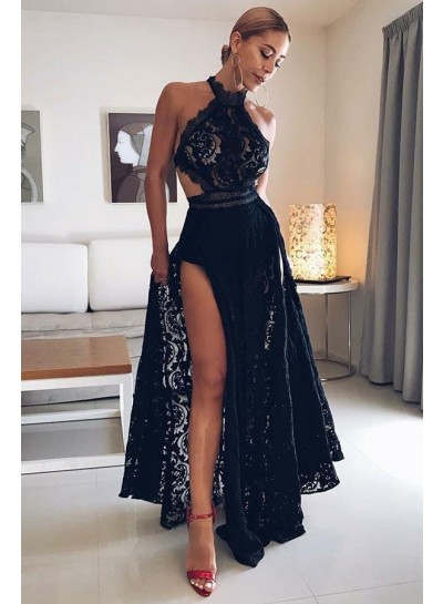 A Line Black Side Slit High Neck Lace Backless Prom Dresses 2023 