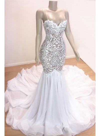 2023 Sexy Mermaid Sweetheart White Chiffon Lace Spaghetti Straps Prom Dresses