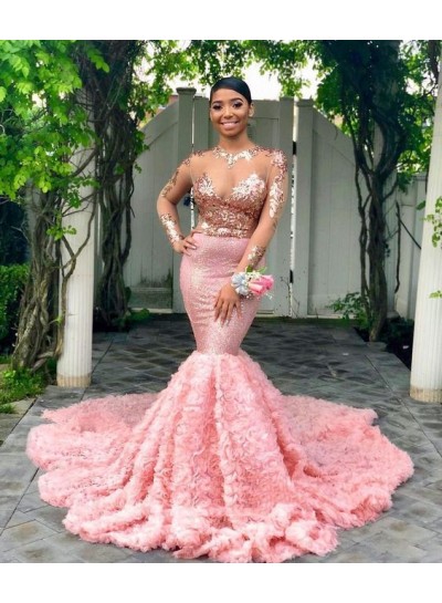 Sexy Mermaid Pink Long Sleeves Beaded Rose Floral Sequence Long 2023 Prom Dresses