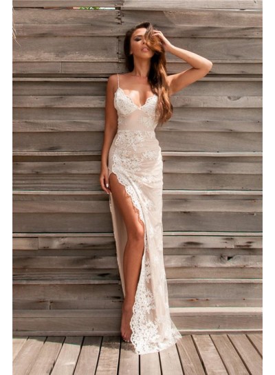 Sexy 2023 Sheath Spaghetti Straps Lace Backless Sweetheart Prom Dresses