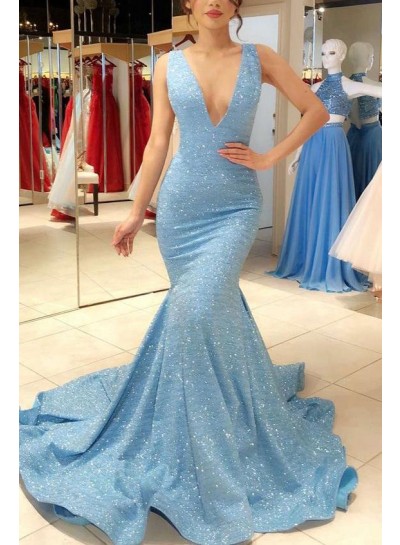 Sexy Blue V Neck Mermaid Sequence Long 2024 Prom Dresses