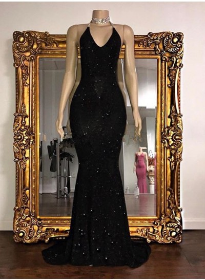 Sexy 2024 Black Halter Mermaid Sequence Backless Prom Dresses
