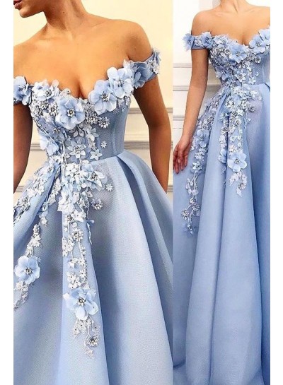 A Line Satin Blue Sweetheart Floral Patterns Long Prom Dresses 2023