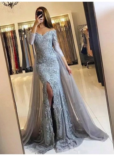 2023 Newly Sheath Long Sleeves Off Shoulder Tulle Lace Black Long Prom Dresses