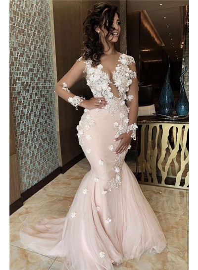 Charming Pearl Pink Tulle Long Sleeves Floral Backless Prom Dresses 2023