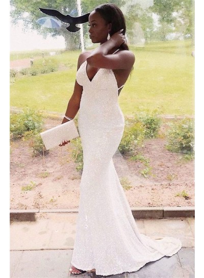 Sexy Sweetheart Halter Backless Sequence White 2024 Prom Dresses