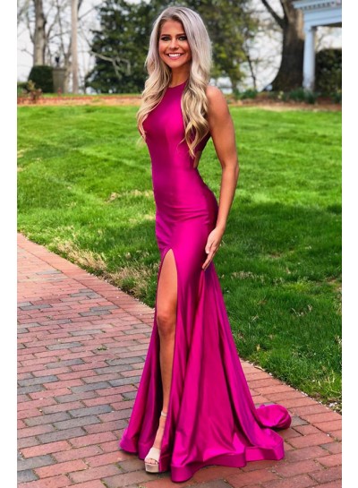 Charming Satin Side Slit Sheath Fuchsia Backless Prom Dresses 2024